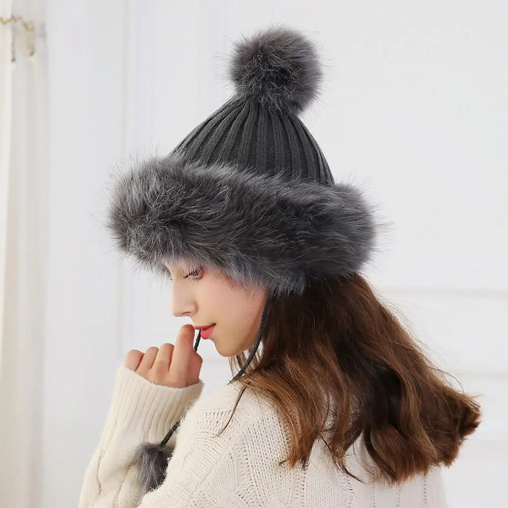 

Winter Hat Fake Fur Knitted Two Plush Ball Thicken Lady Beanie For Daily Wear