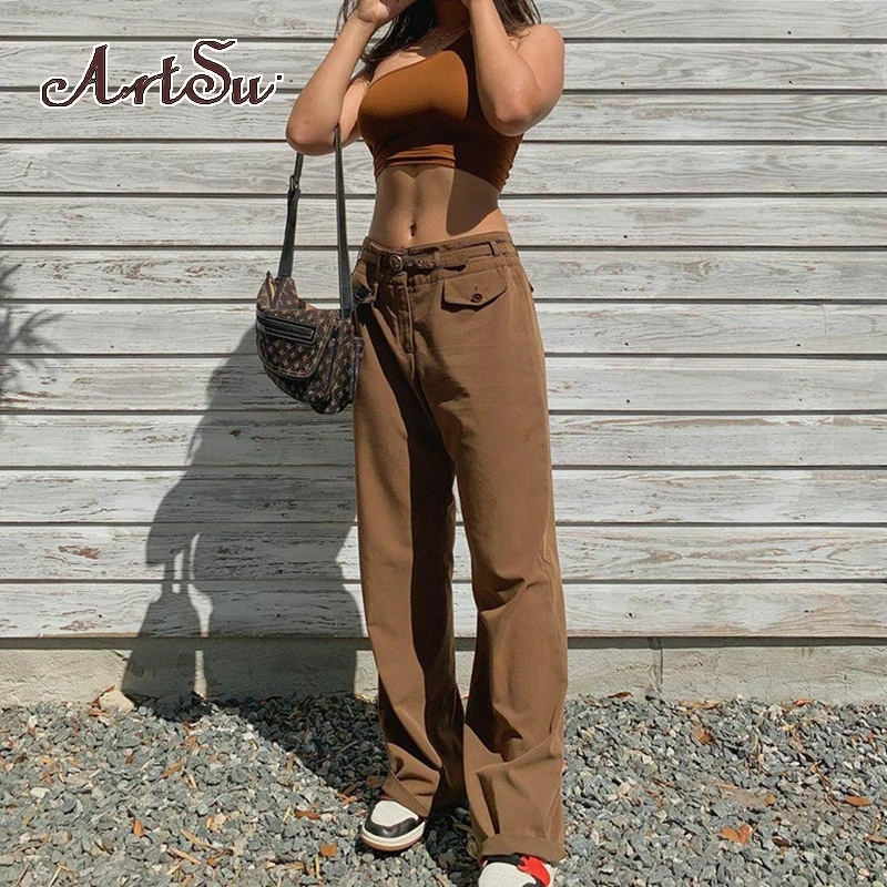 

Artsu Fashion Women Cargo Jeans Solid Casual Vintage Baggy Denim Trousers Spring Autumn Female Long Pants Harajuku A