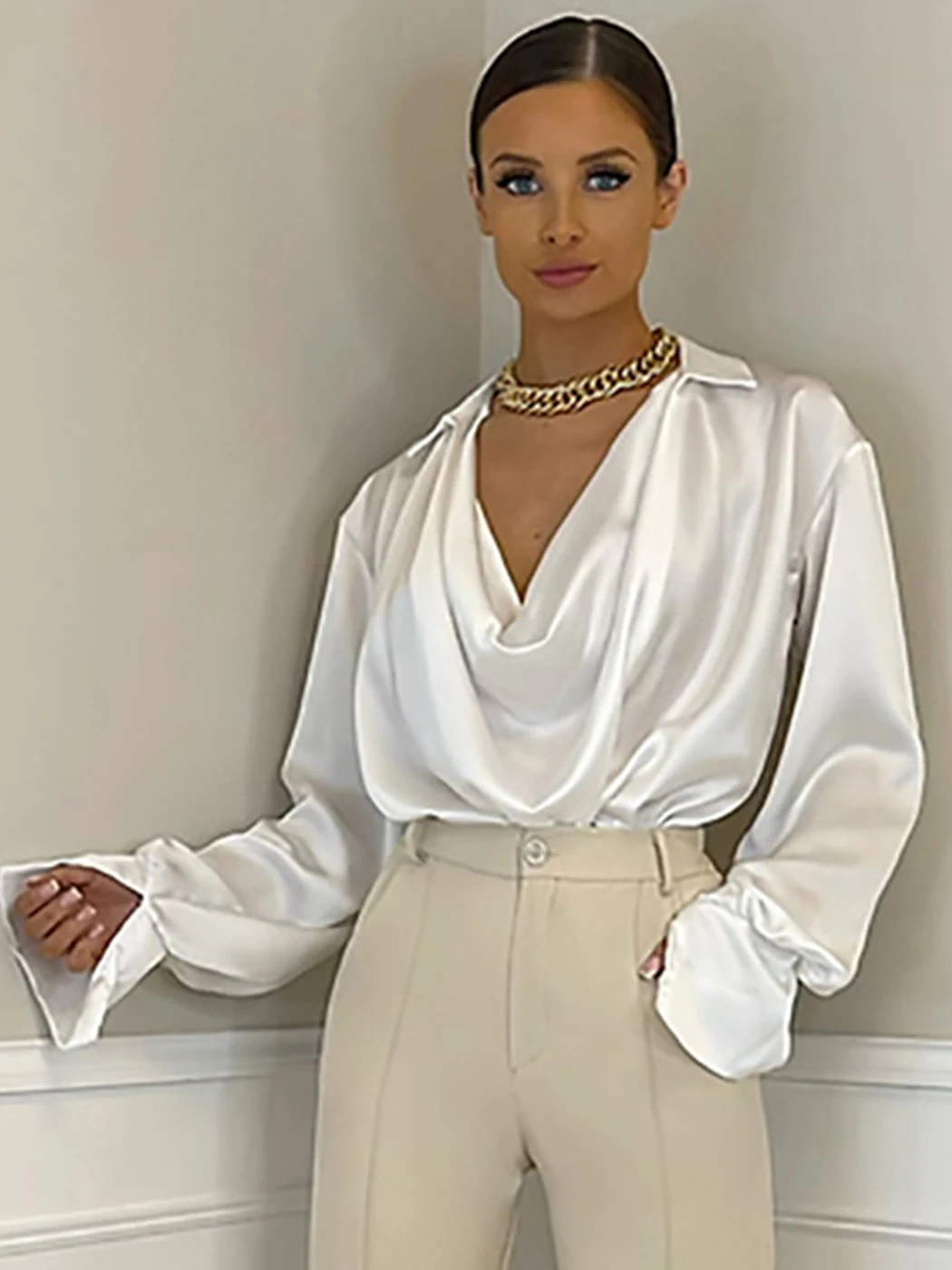 Elegant Shirts For Women 2023 Spring Fashion Turndown Collar Pleated V-neck Long Sleeve Thin Satin Sexy Shirt Lady Casual Top