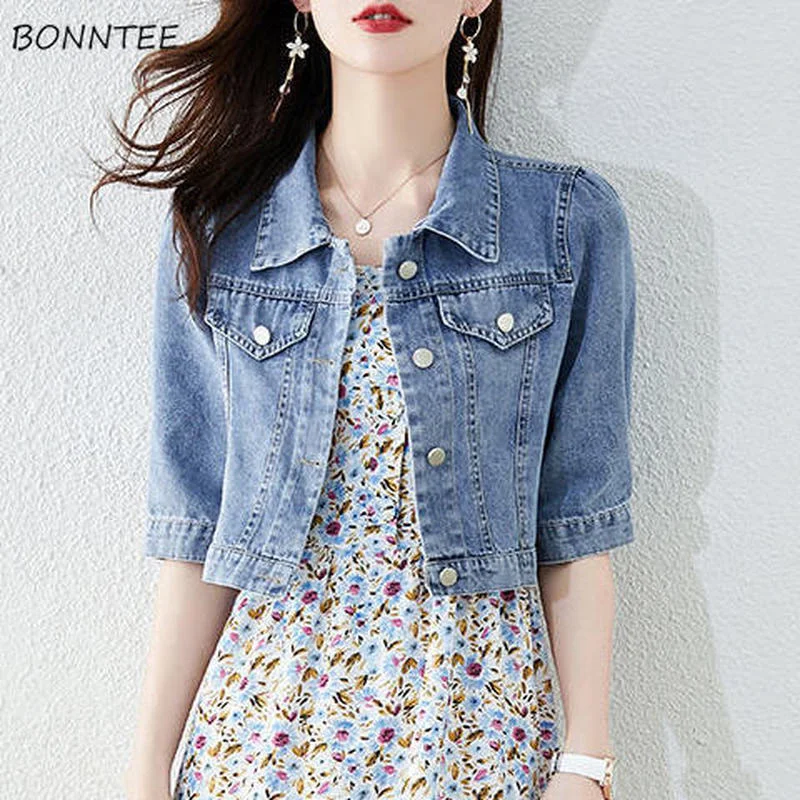 

Jackets Women Basic Solid Vintage Crops Trendy Turn Down Collar Female Outwear Half Sleeve Denim Fit Mujer Ropa Harajuku Street