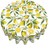 lemon tree branches flowers leaves round tablecloth 60 inch tablecover anti wrinkle waterproof wipeable table cloth home decor