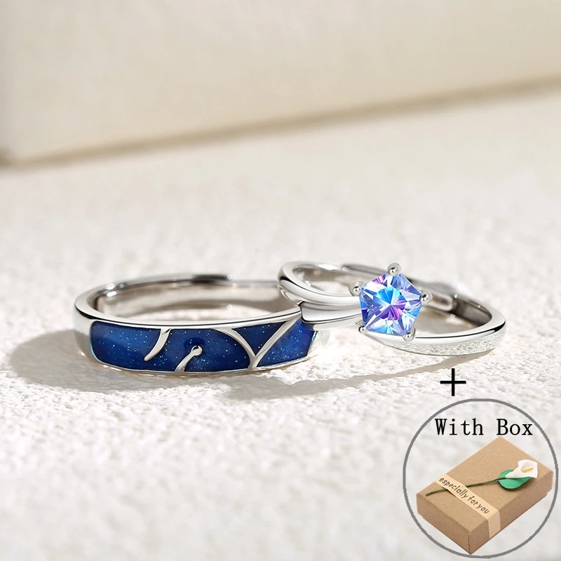 Silvology Real 925 Sterling Silver Across The Sea of Stars Couple Rings for Women Men Romantic Luxury Lovers Birthday Jewelry