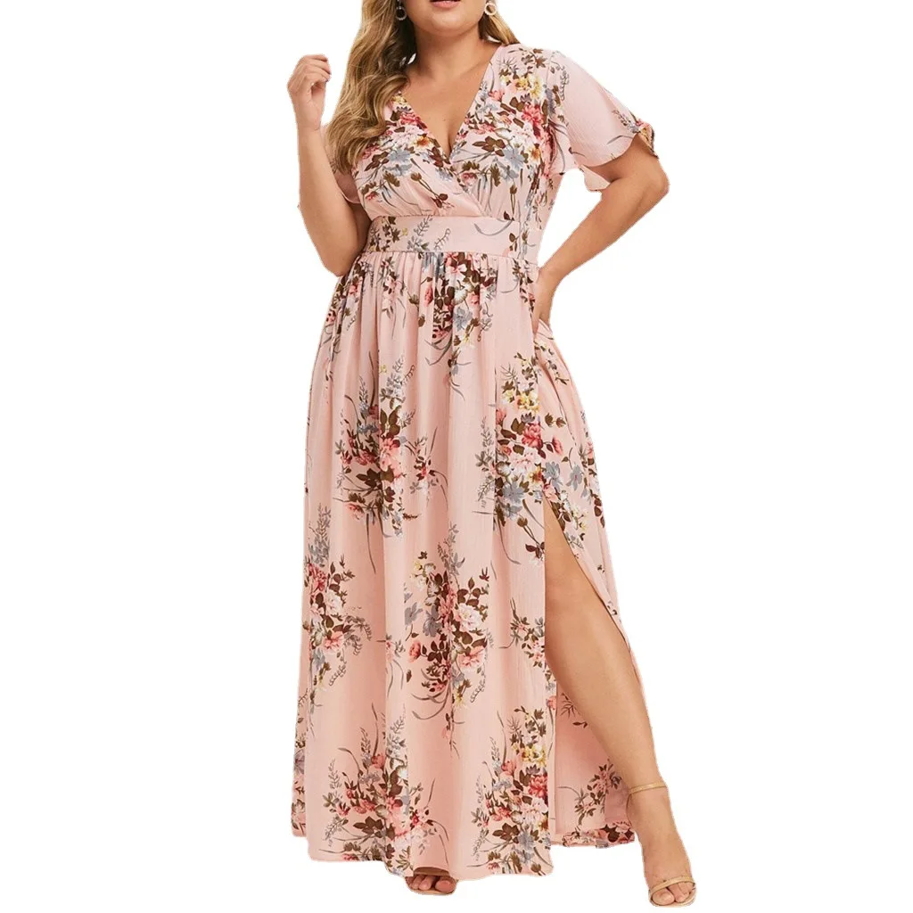 

2022 summer European and American plus size women's dress women's short-sleeved fat waist print hem slit dress