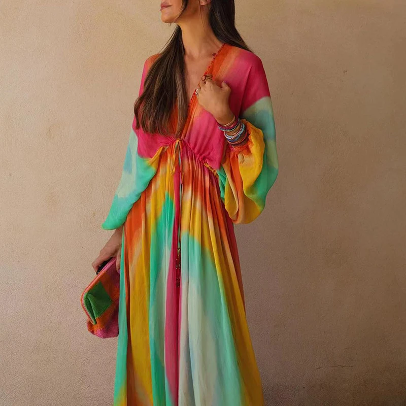 

Женское длинное пляжное платье-макси с разноцветным богемным принтом, свободное пикантное платье в стиле High Street с V-образным вырезом и кулиской, осень 2023