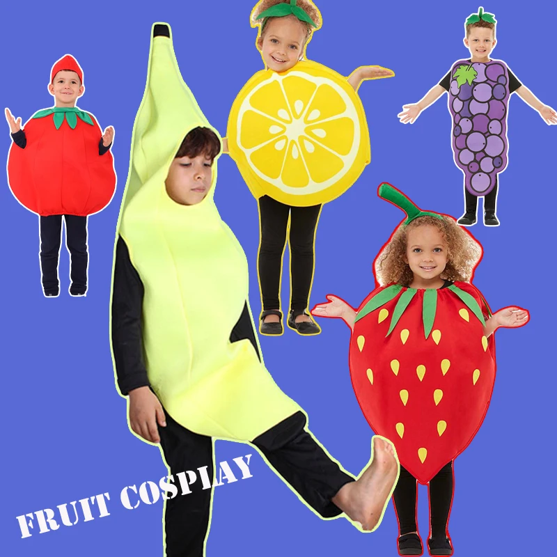 

2022NEW Fruit Cosplay For Kids Boys Girls Halloween Costumes Purim Carnival Tomato Lemon Strawberry Banana Watermelon Apple