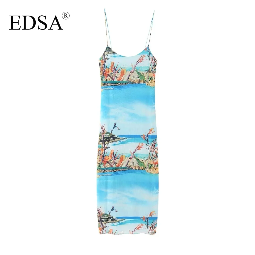 

EDSA Women Elegant Printed Tulle Midi Dress Round Neckline Thin Straps Contrast Lining Beach Style Streetwear