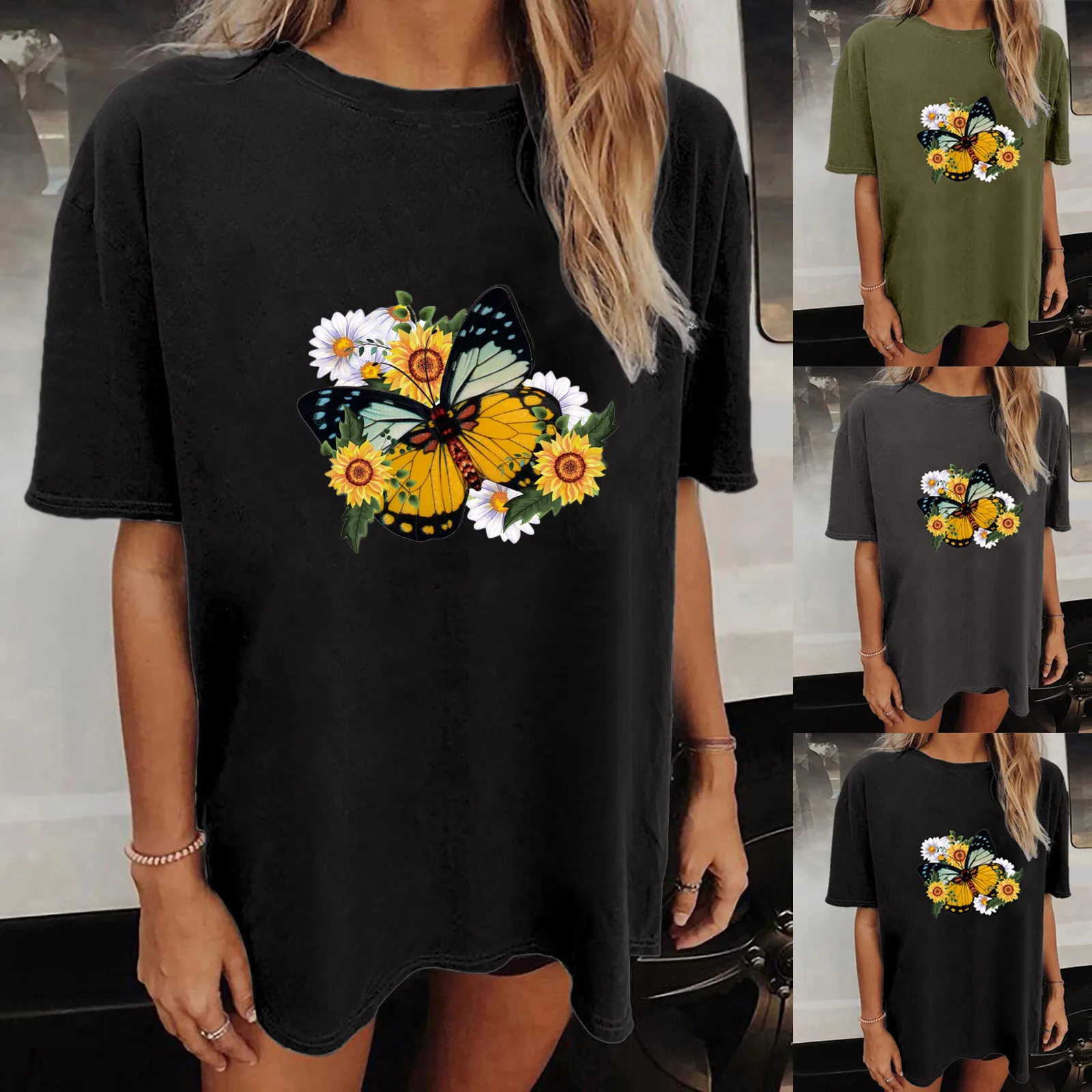 

Женские повседневные свободные рукава с принтом бабочки, короткий рукав, круглый вырез, однотонные женские летние футболки с коротким рука...