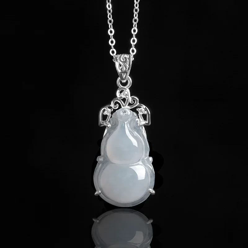 

Natural Jade Gourd 925 Silver Inlaid Jadeite Pendant Hand-Carved Necklace Charm Jewelry Men Women Accessories Luck Amulet Gift