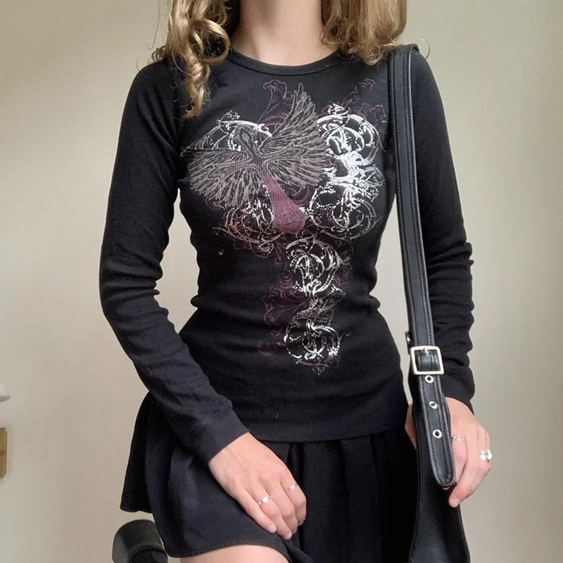 

hirigin Y2K Fairy Grunge Retro Tees Graphics Print Dark Academia T Shirts 00s Vintage Gothic Pullovers Chic Women Slim Fit 2022