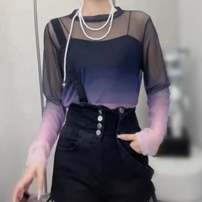 

Women Summer Sexy See Through Mesh T-Shirt Punk Gradient Contrast Color Long Sleeve Blouse Round Neck Cover Up Loose Pullover