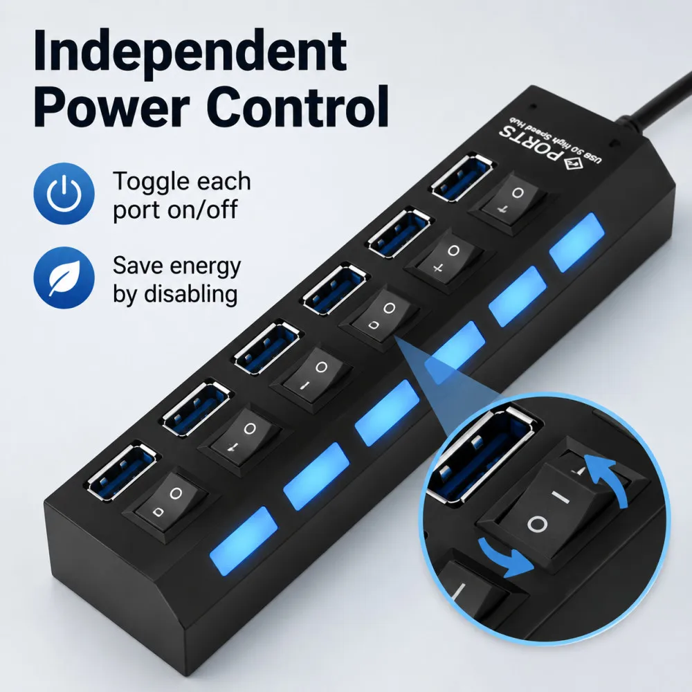 Фото Новый 7-портовый высокоскоростной USB-хаб 480 Мбит/с USB 2.0 с переключателем включения/выключения, USB-разветвитель для ПК, ноутбуков, зарядки iPhone 6/7 №3