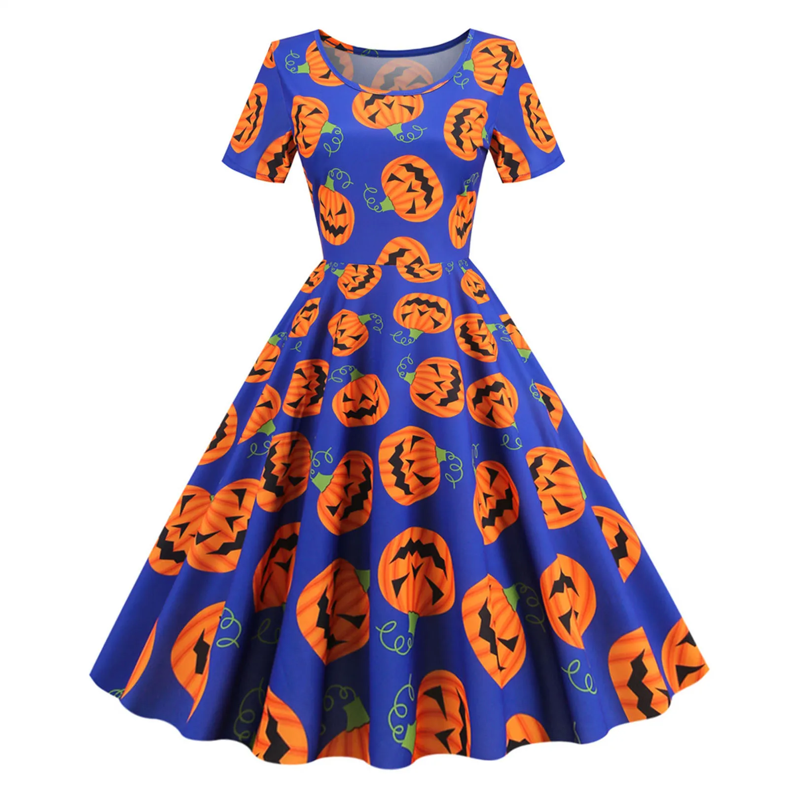 

Halloween Big Swing Dress Women 2022 Vintage Pumpkin Print Short Sleeve O Neck Evening Party Prom Dresses Holiday Clothing