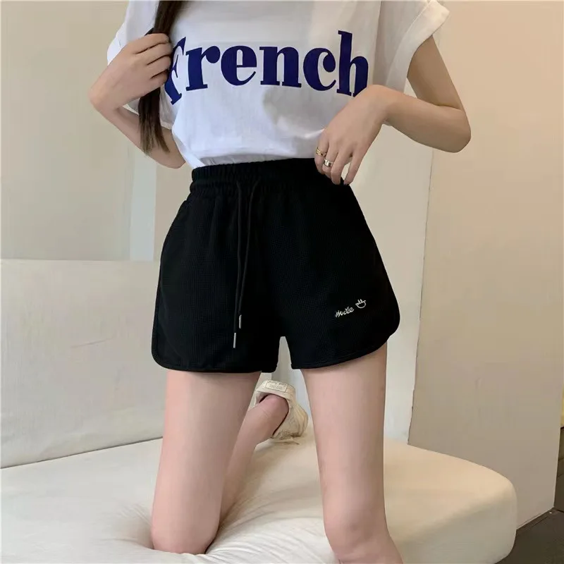 Women Waffle Shorts Casual Loose Letter Embroidery Ladies Shorts Korean Fashion All-match Wide Leg Hot Pants Female Sports Short