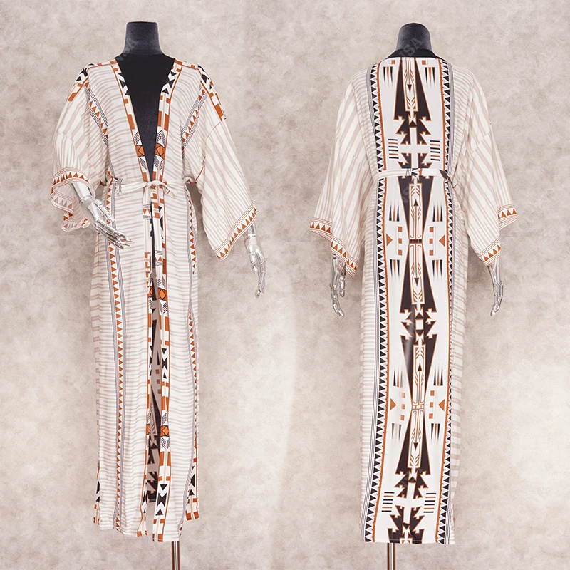 

Bohemian Printed Bikini Cover-ups Elegant Self Belted Kimono Dress Tunic Women Plus Size Beach Wear Swim Suit Cover Up