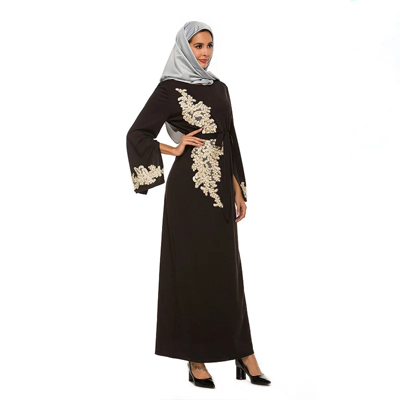 Robe Femme Musulmane Muslim Fashion Popular Fashion Elegant Embroidery Dress Lace Pin Bead Flared Sleeve Lace Long Dress Belt
