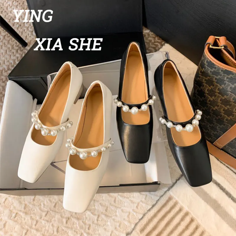 

High quality ~~ Korean pearl single shoes early spring 2022 new square head flat shoes leather Mary Jane soft sole shoes