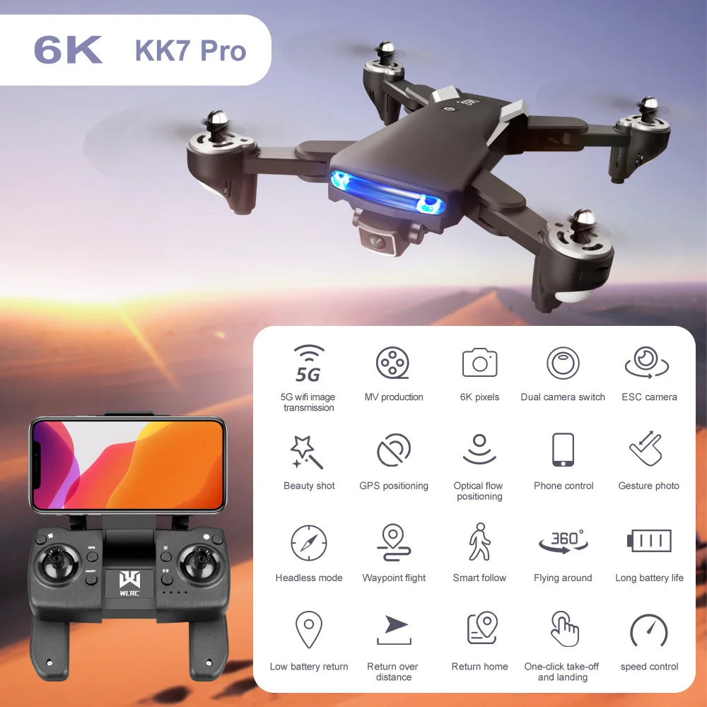 

2022 WLRC KK7 Pro Drone GPS 5G WiFi FPV with 4K/6K HD Dual Camera Optical Flow Positioning Foldable RC Drone Quadcopter RTF