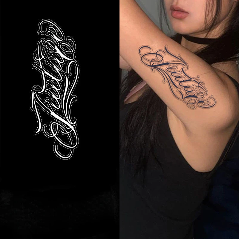 

2022 New Artistic Font Letter Graffiti Waterproof Juice Tattoo Stickers for Woman Man Body Arm Thigh Temporary Tattoos Hip-hop