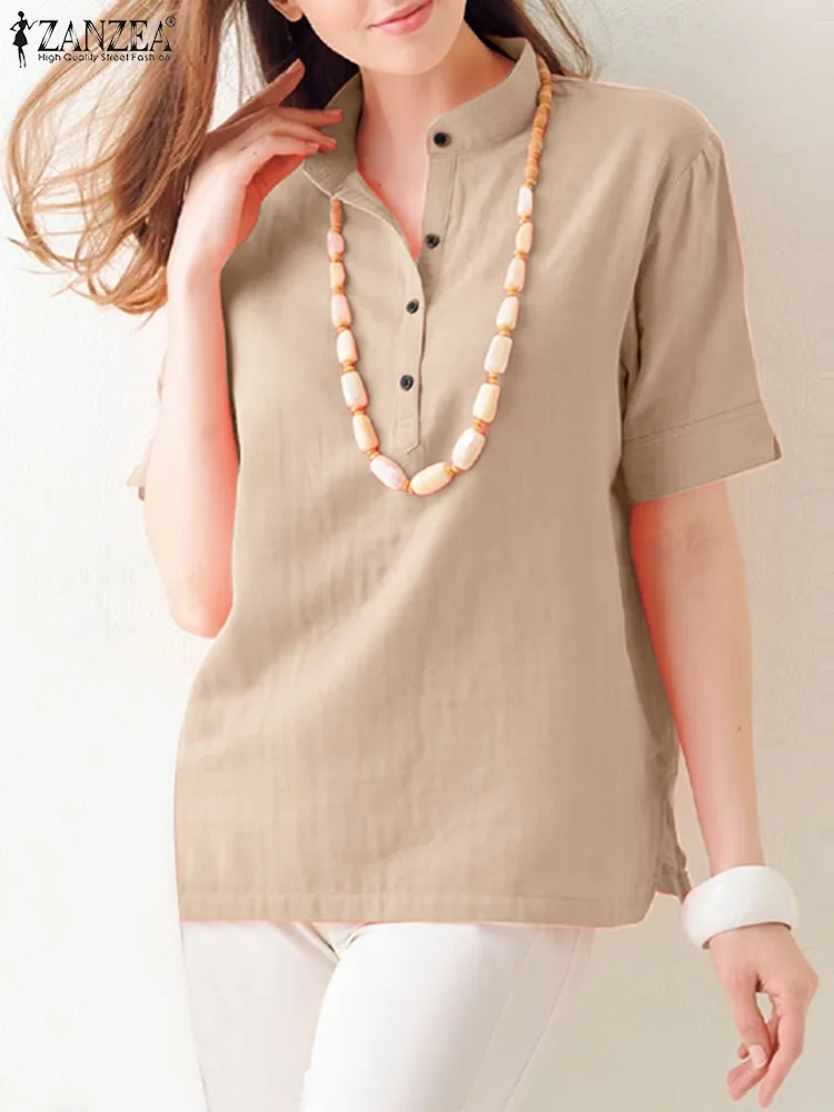 

ZANZEA Fashion Short Sleeve Shirt Summer Stand Collar Solid Tops Female Casual Loose Blusas Woman Elegant Holiday Chemise 2023
