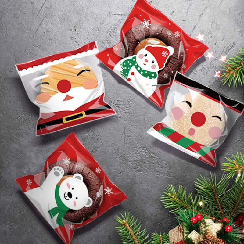 

100pcs Christmas Candy Cookie Plastic Bags Self-Adhesive Biscuit Snack Baking Gift Packaging Bag Navidad New Year Party Supplies