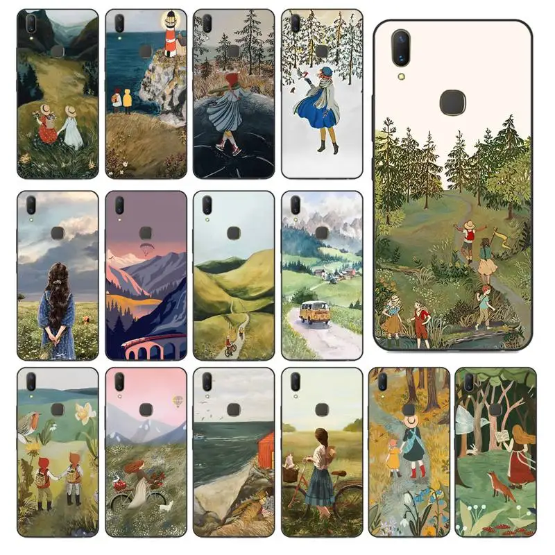 

Cartoon Scenery Girl Phone Case for Vivo Y91C Y11 17 19 17 67 81 Oppo A9 2020 Realme c3