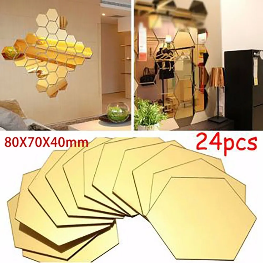 

24pcs Hexagon Mirror Stickers Gold Self Adhesive Mosaic Tiles Wall Sticker DIY Bedroom Bathroom Home Decoration Wall Stickers
