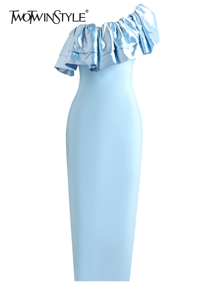 

TWOTWINSTYLE Solid Patchwork Ruffles Elegant Dresses For Women Diagonal Collar Sleeveless High Waist Split Dress Female Fashion