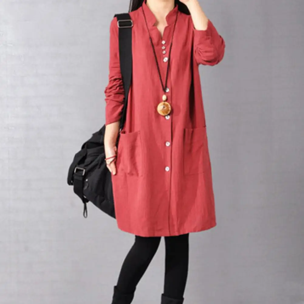 

Women Korean Dresses Vintage High-quality Soft Breathable Solid Stand Collar Long-Sleeves Pockets Medium Cotton Linen Dress