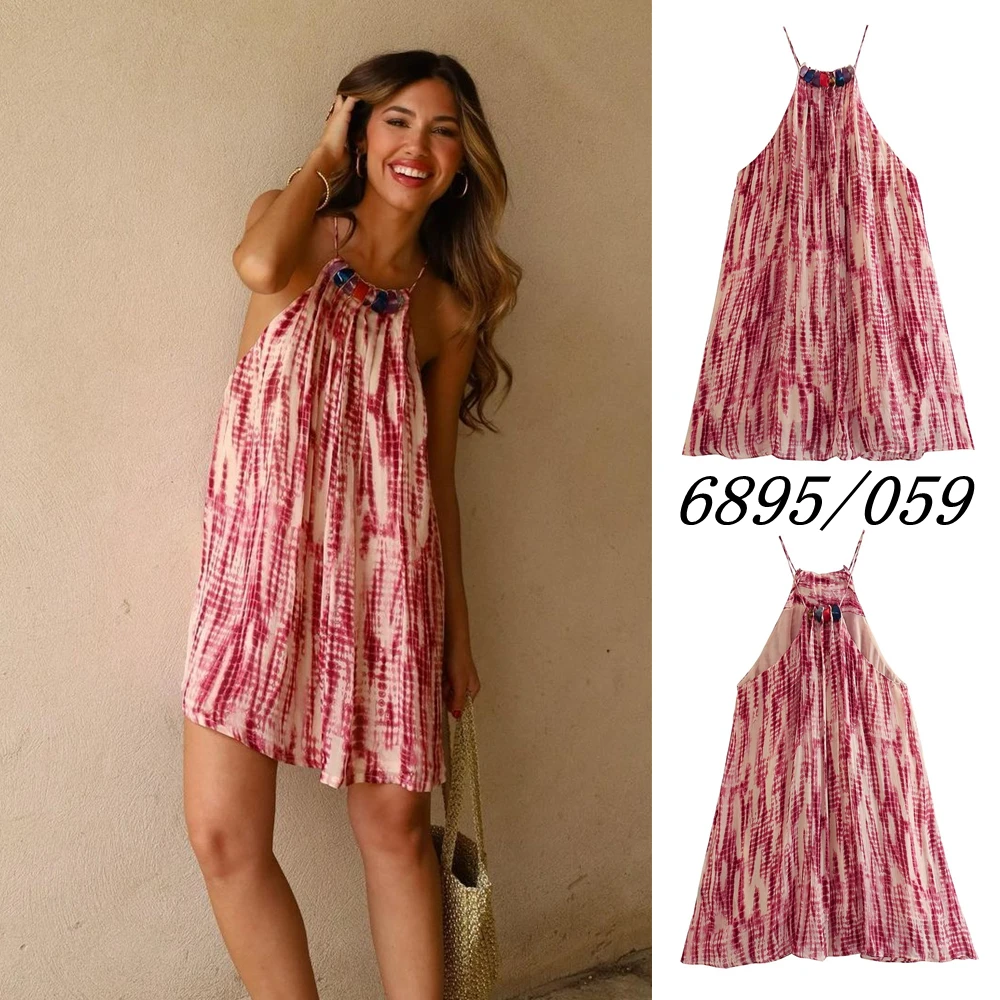

Summer New Dress UNIZERA Women's Casual Retro Beach Style Stone Inlaid Decorative Tie Dye Mini Dress 6895059