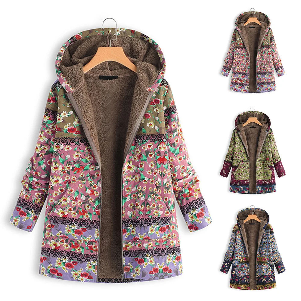 

A Autumn Women Winter Warm Floral Hooded Jacket 2022 Flower Print Hoody Vintage Coats Winter Padded Jacket Women Parkas Tops