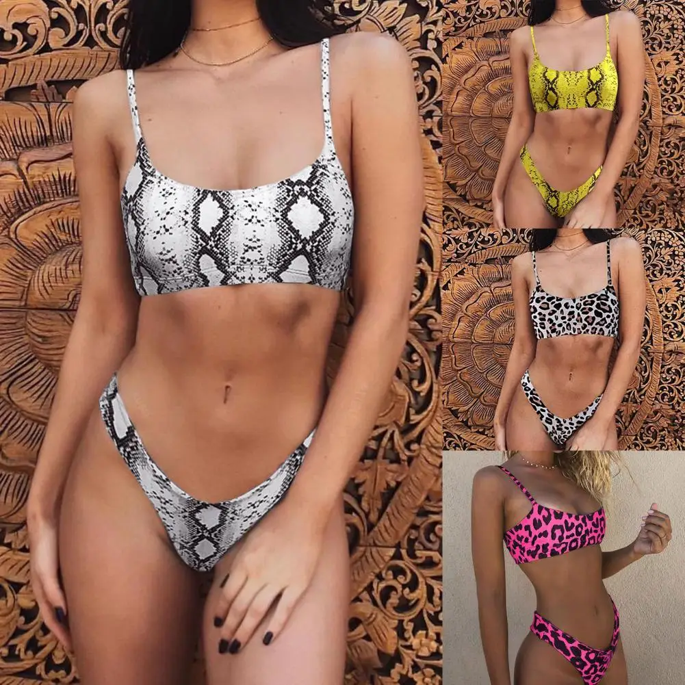 

Summer Women Bikini Spaghetti Straps Push Up Bra Briefs Leopard Snakeskin Bathing Suit Swimwear Set for Beach