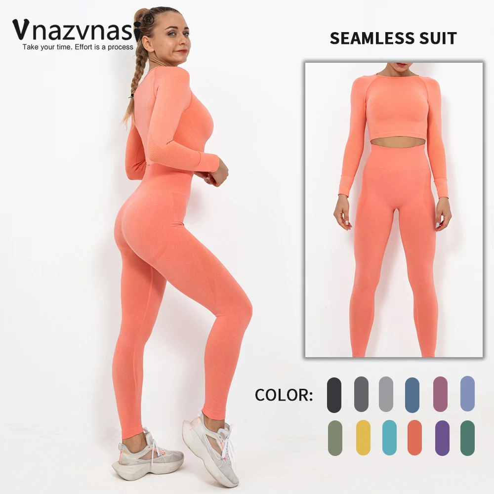 

Vnazvnasi Seamless Suit for Fitness Sports Push Up Tights Yoga Sets Sportswear Woman Gym With Long Sleeve Workout Clothes 2 Pcs