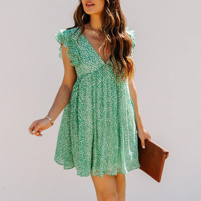 

New 2023 Spring and Summer Dress V-neck Printed Elegant Chiffon Dress with Lining for Vacation