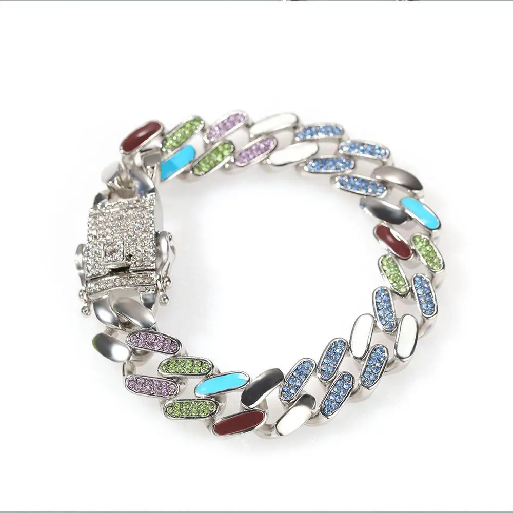 

12mm Colorful Rhinestone Miami Dripping Oil Curb Cuban Anklett Bracelet Mens Hip Hop Thick Gold Color Cuban Link Heavy Bracelet