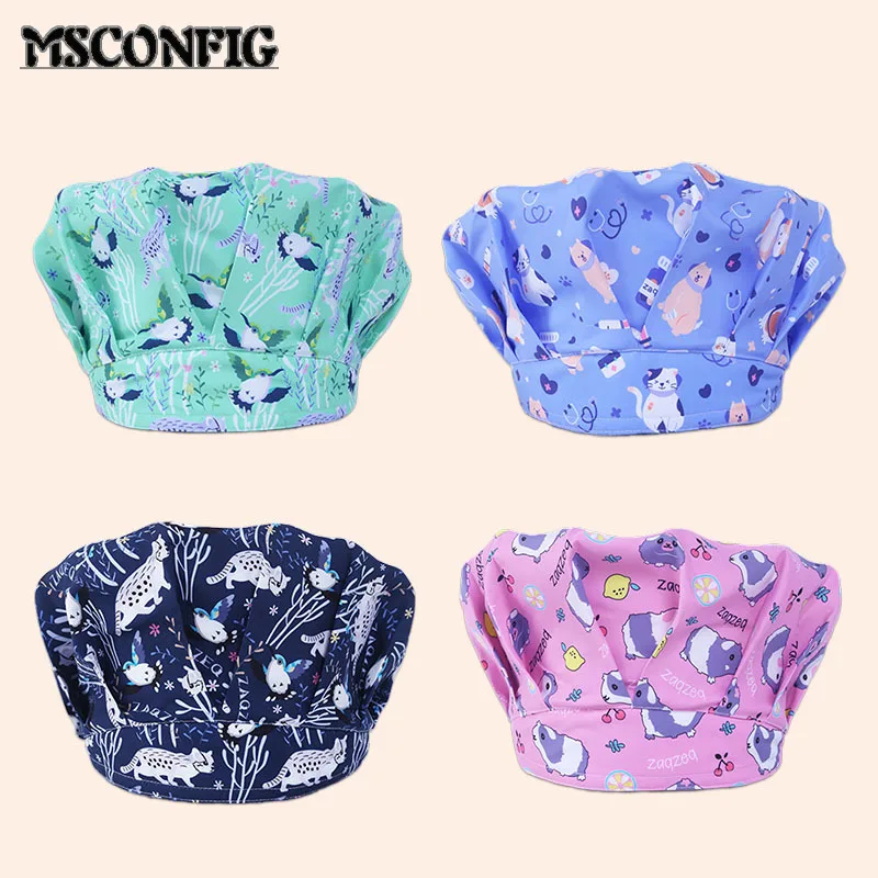 

Женская шапка для медсестры с милым принтом животных, шапка из матового хлопка, регулируемая повязка для пота, пышная Женская моющаяся шапк...