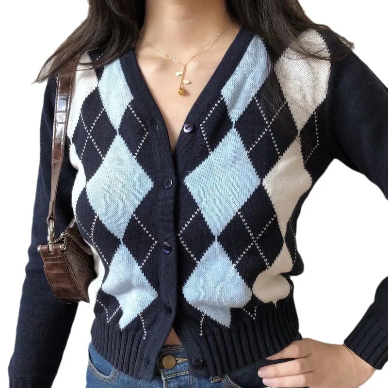 Черный Argyle женский кардиган свитер модный вязаный клетчатый на пуговицах с