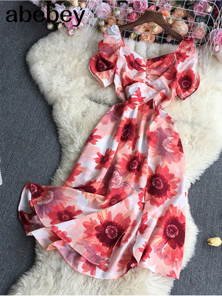

2022 New Spring Autumn Temperament square collar short sleeve Dress high waist pleated flower print mid-length A-line Dress