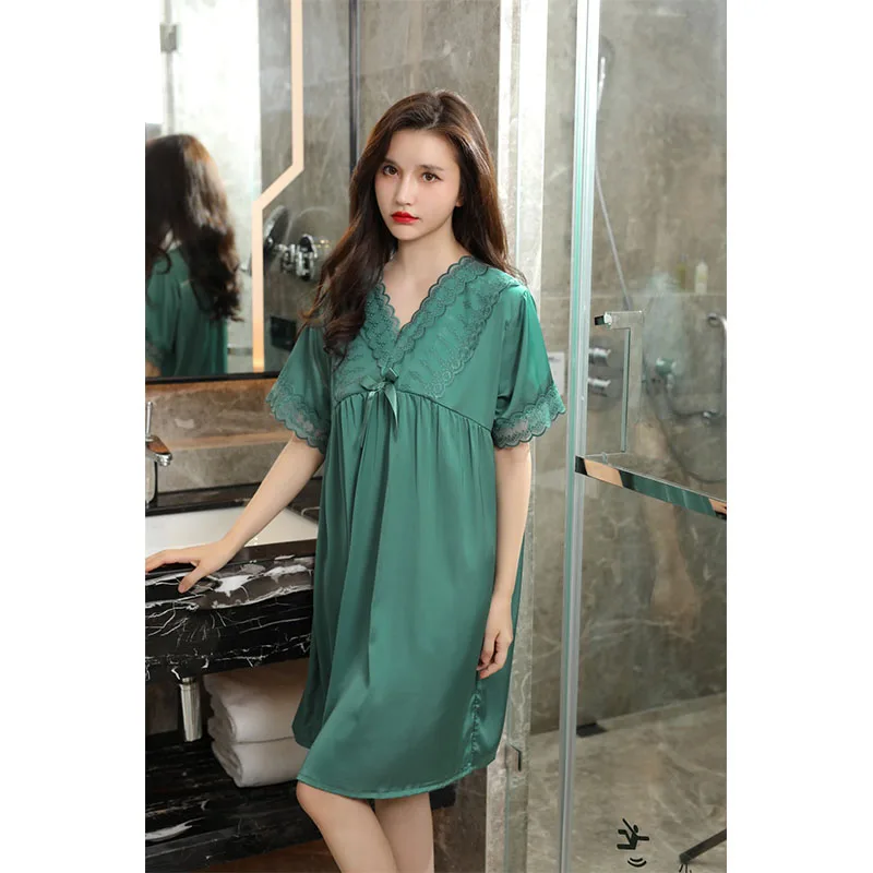 YFTNH Sleep Shirts for Women Silk Nightdress Bow Lace V-neck Short Sleeve Sleepwear Dresses Solid Plain Loose Homewear Nighties