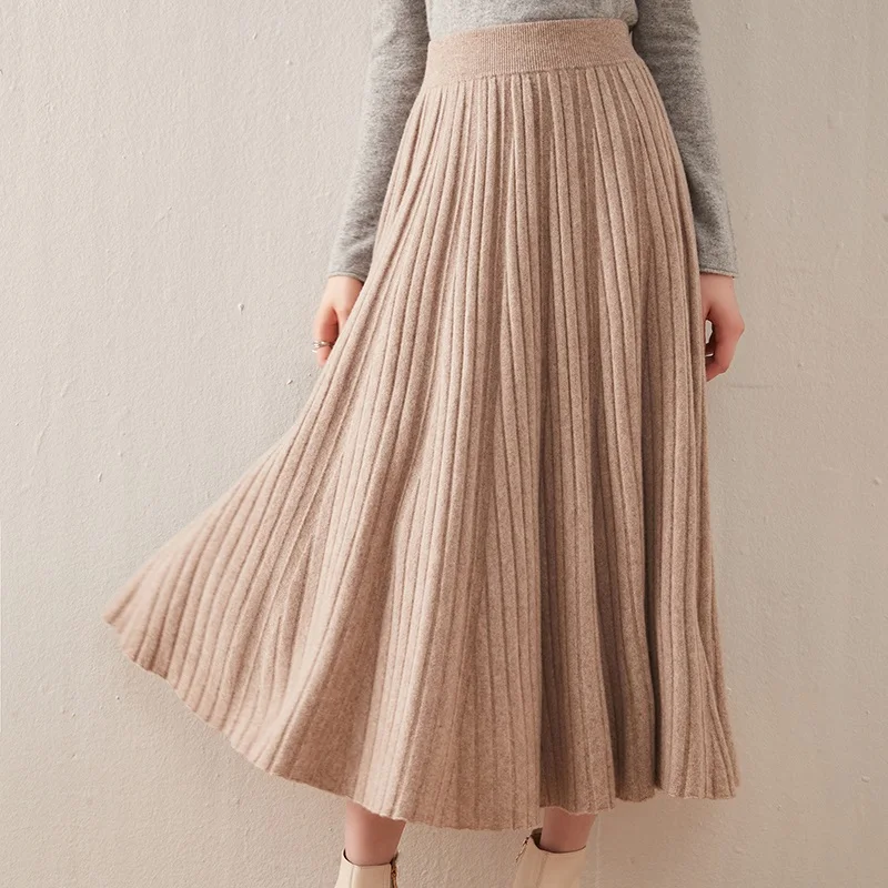 

Autumn And Winter 100% Wool Knitted Pleated Skirt Women's Mid-Length High-Waisted Slim A-line Skirt Half-Length Umbrella Skirt