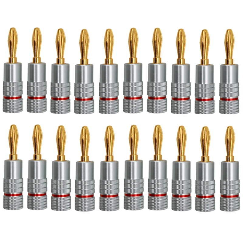 

20Pcs Banana Connector 24K Gold-Plated Banana Plug With Screw Lock For Audio Jack Speaker Plugs Red+Silver