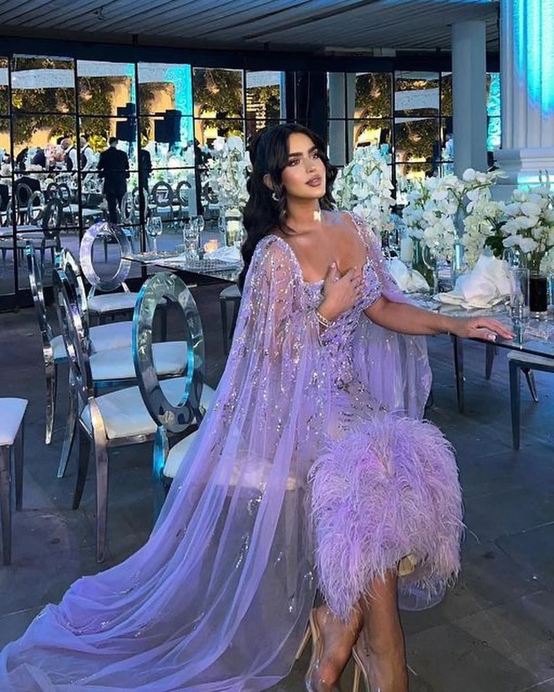 

Noble Purple Square Neckline Prom Dress Lace Long Sleeves With Feathers Beaded Evening Summer Elegant Party Dress For Women