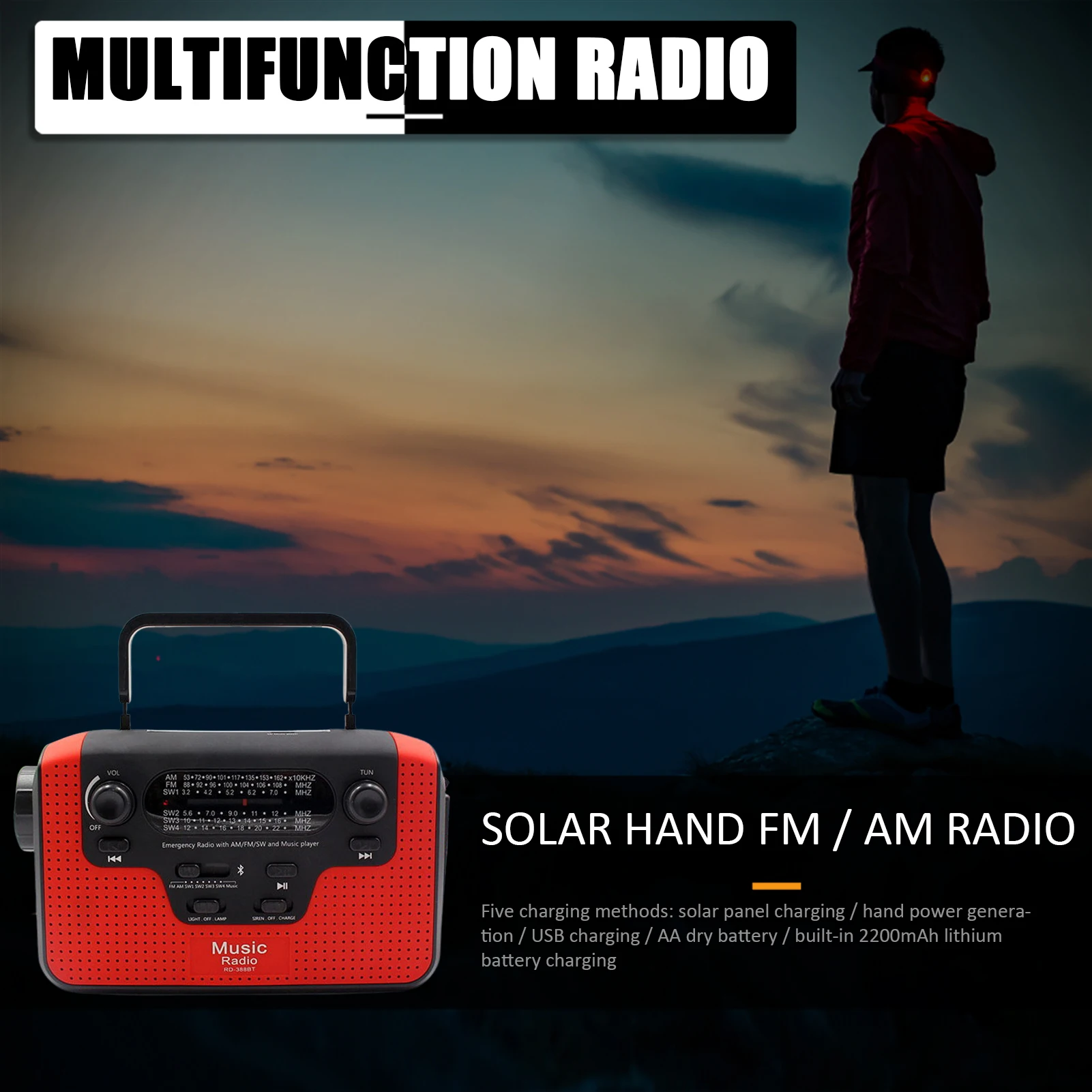 wireless emergency radio hand crank solar weather radio speaker power bank for cell phone charge led flashlight reading lamp free global shipping