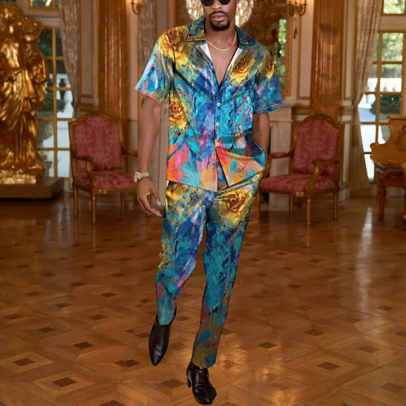 

Men Casual Two Piece Sets Fashion Print Short Sleeve Shirts And Long Pant Suit Men's 2022 Spring Summer Loose Outfits Streetwear