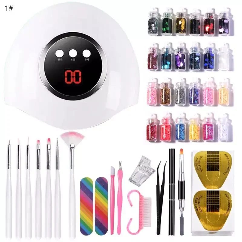 

NEW2023 Beginner Nail Set UV LED Lamp Dryer Extension Gel With 24 Patterns Sequined Nail Art DIY Set Kit Soak Off Manicure Tools