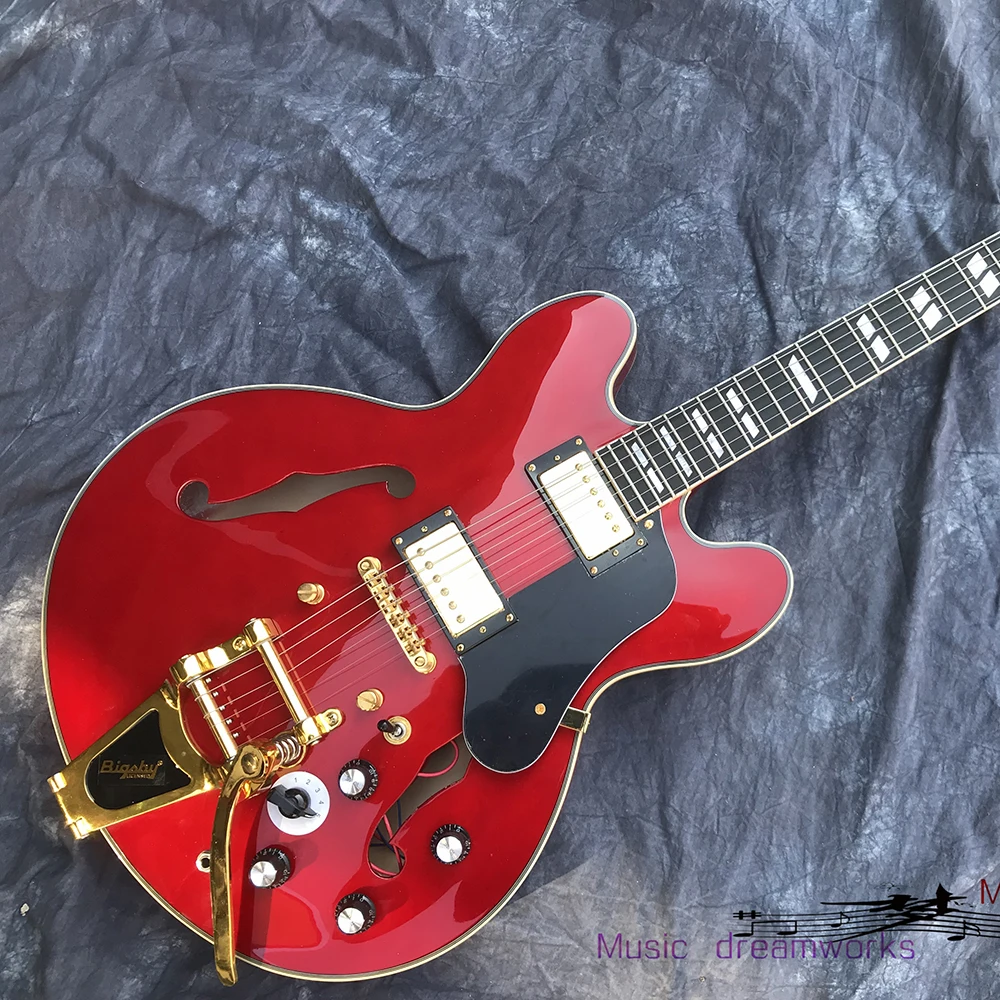 

Semi hollow double F-holes red jazz electric guitar, Rosewood fretboard, Bigsby large vibrato bridge, Five-speed adjustables