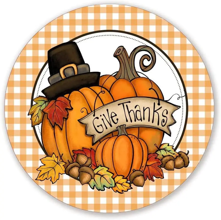 

Give Thanks Fall Wreath Sign - Thanksgiving Pumpkin Sign for Wreaths Round Metal Tin Sign Suitable for Home and Kitchen Bar Cafe
