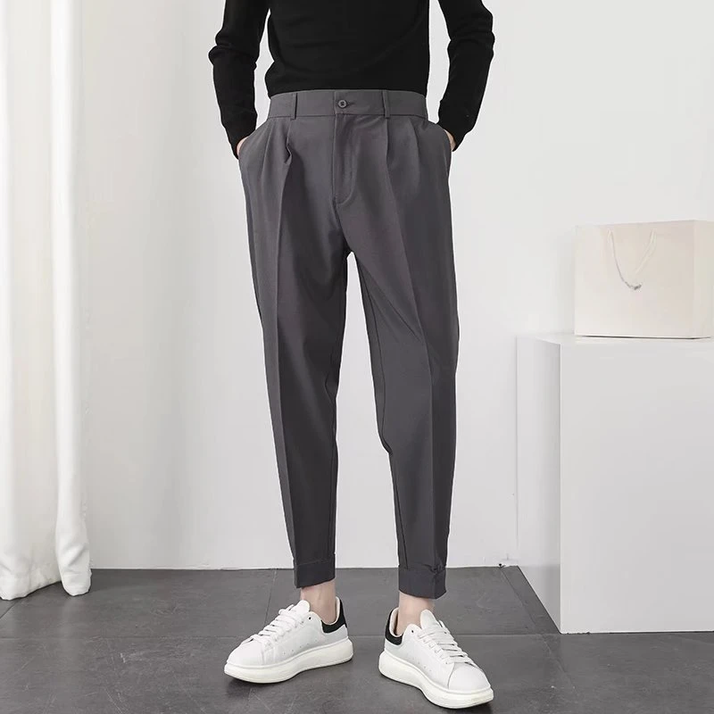 

Fashion Men Casual Pants Elastic Waist Small Feet Slim Korean Style Pleated Tapered Male Blazer Pants Trousers Streetwear