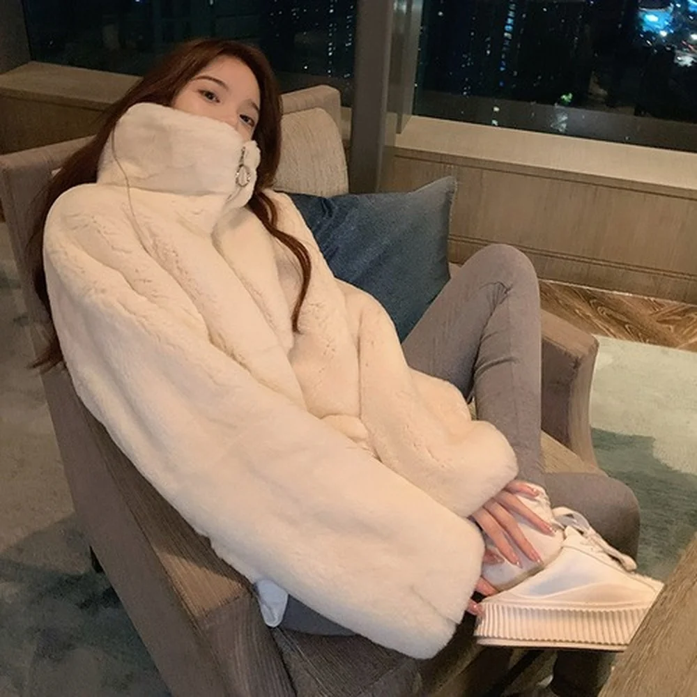 Women's Plush Coat Stand-up Collar Warmth and Thick New Youth Imitation Rex Rabbit Fur Fashion Western Style Imitation Fur Coat