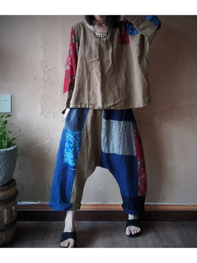 Брюки-султанки женские хлопково-льняные в стиле пэчворк свободные винтажные