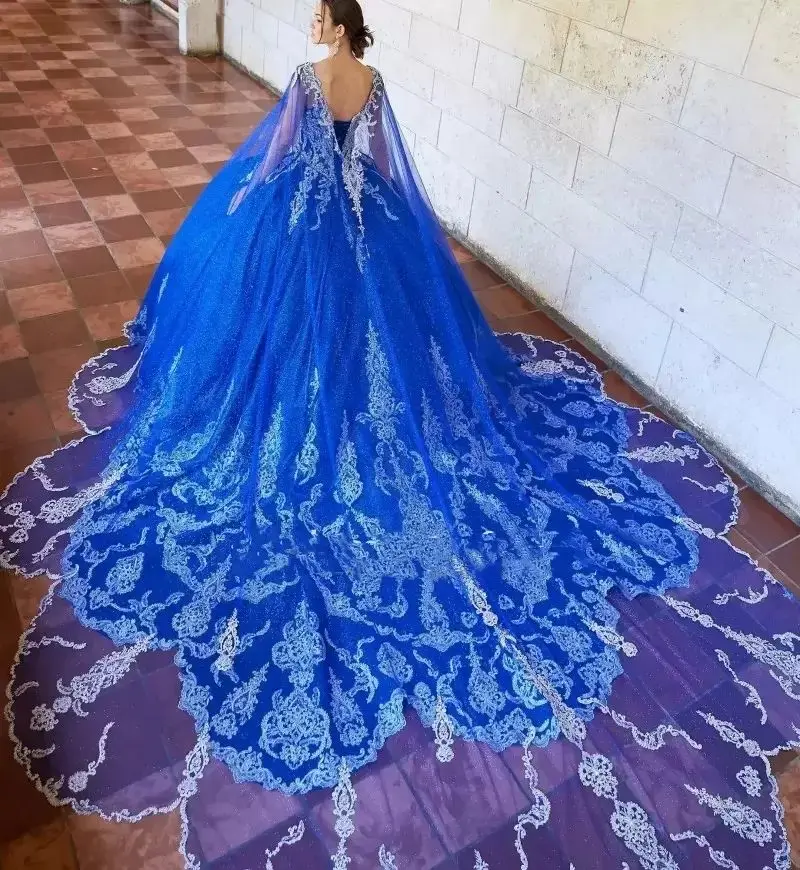 

Quinceanera Dresses vestido de debutante para 15 anos Royal Blue With Cape Lace Applique Sequin Mexican Girls XV Pageant Gowns